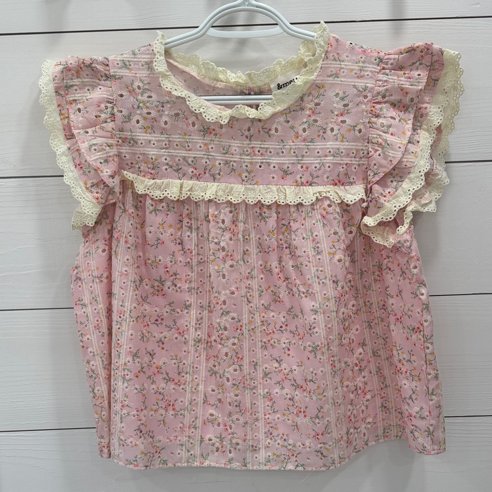 Floral Pink Blouse with Lace Trim